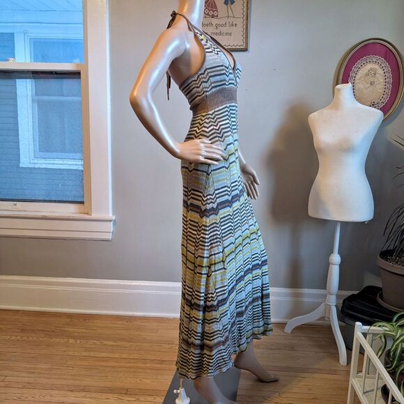 Vintage Y2K BCBGMAXAZRIA Knit Dress Halter Maxi Chevron Silk Summer Size XS - Picture 4 of 13